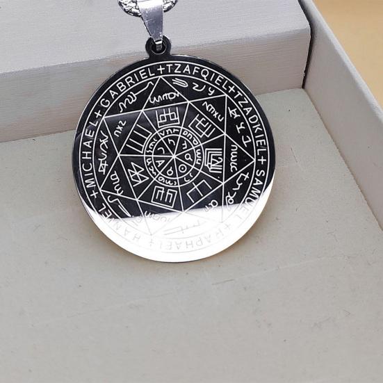 Men Necklace Seven Angel Amulets Chain Round Pendant Hollow Solomon Stainless Steel Electroplated Unisex