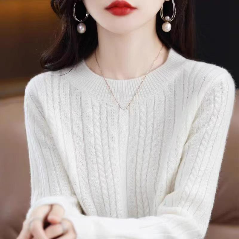 Twisted Sweater for Women Round-neck Loose Knitted Sweater Solid-color Long-sleeved Casual Pullover Autumn and Winter Top