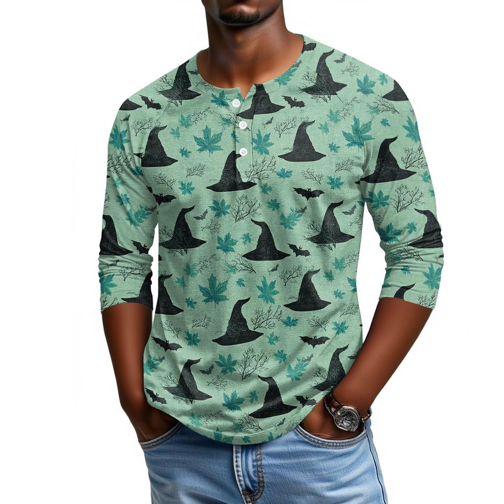 Men Casual Halloween Print Henley Shirt Raglan Sleeve Three Quarter Length Button Front Top