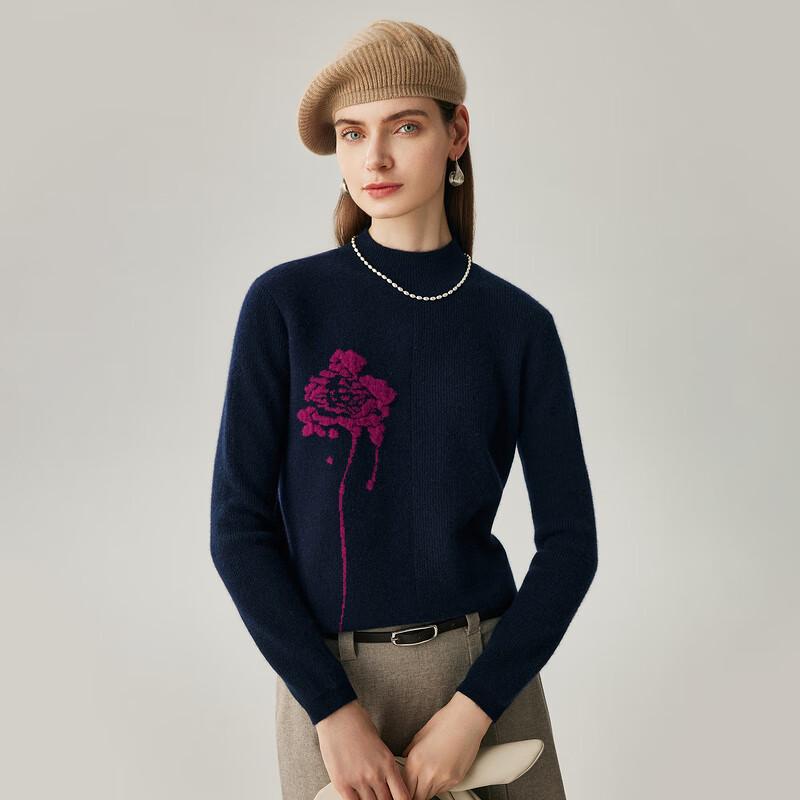 Zhaojun Women's Thickened 100% Cashmere Semi-Turtleneck Jacquard Sweater