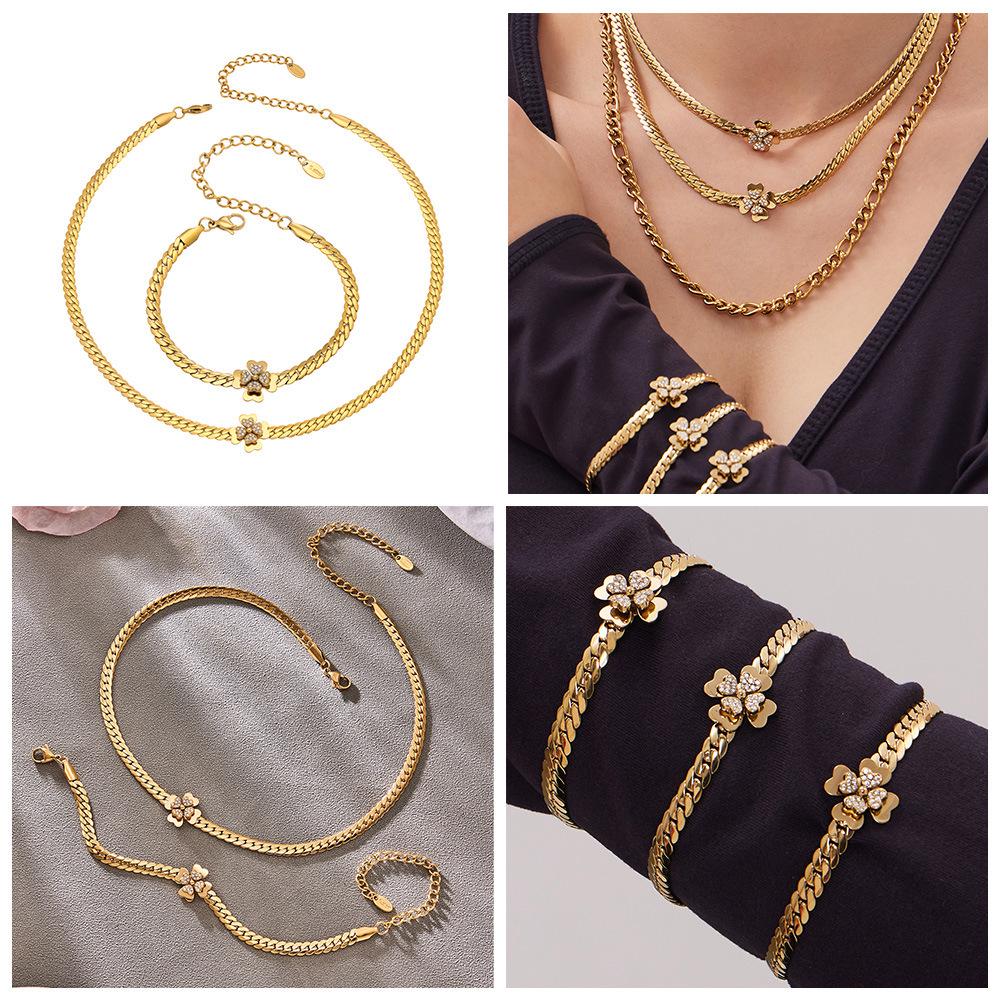 Stylish European & American Double Layer Zirconia Flower Necklace & Stainless Steel Bracelet Jewelry Set for Women