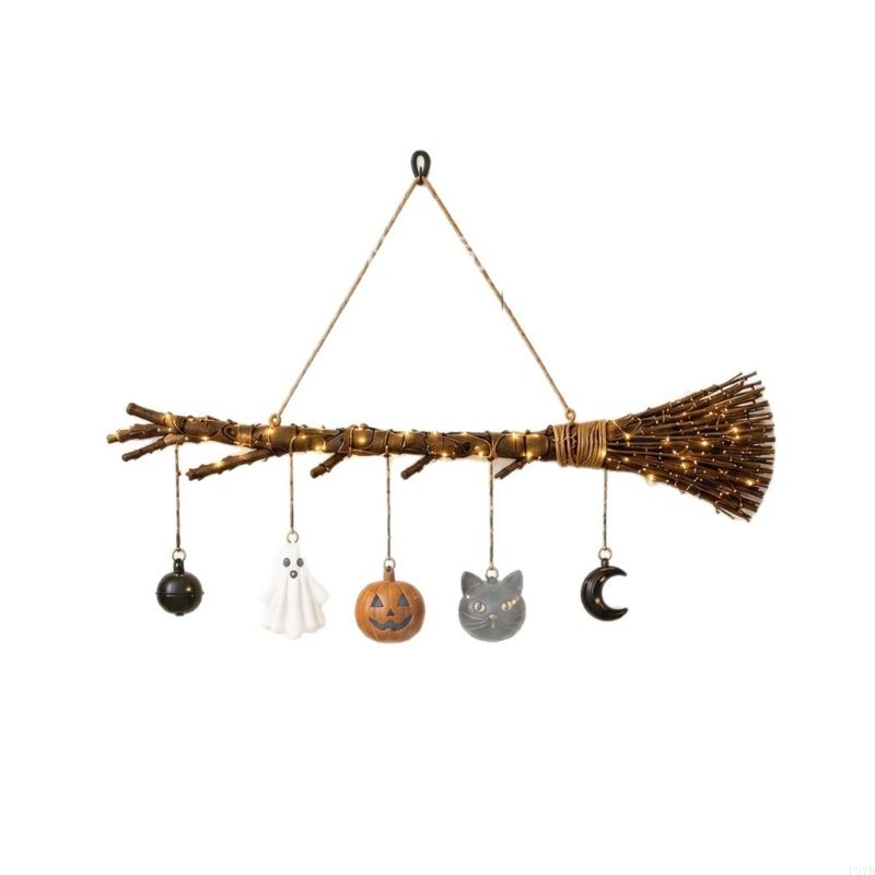 Halloween Lighted Witch Broom Hanging Decors with Warm Light and Ghostly Pumpkins Cats Charm for Entryway Wall Window Party