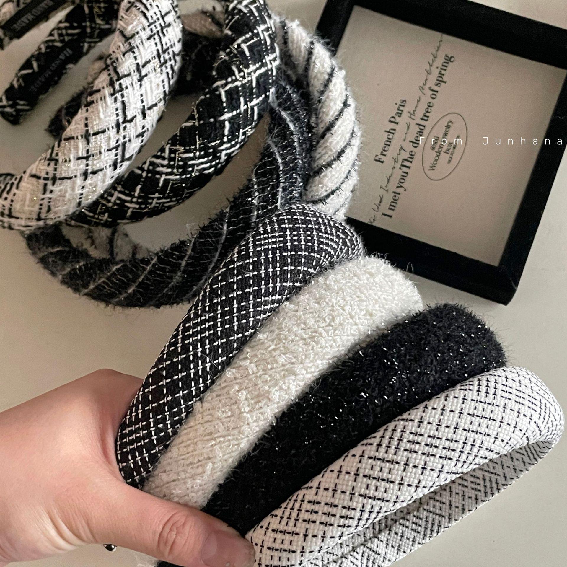 

Elegant Black and White Plaid Tweed Headband - High Profile Sponge Hair Accessory