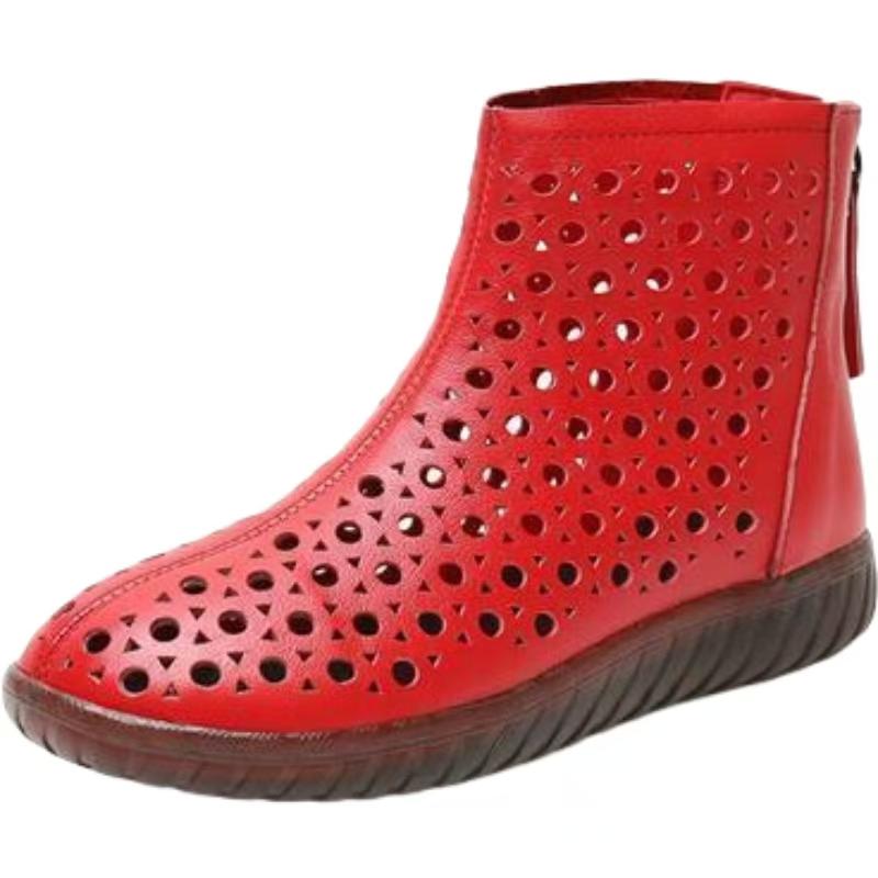 Botines de Cuero Genuino para Mujer Calados de Talla Grande Primavera Verano Nuevos Suela Blanda Antideslizante Caña Alta Cremallera Suela Plana Bota Fresca