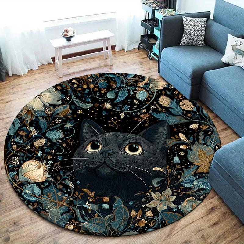 Cartoon Black Cat Round Area Rug,Carpet Rug for Living Room Bedroom Sofa Playroom Decor,Non-slip Floor Mat