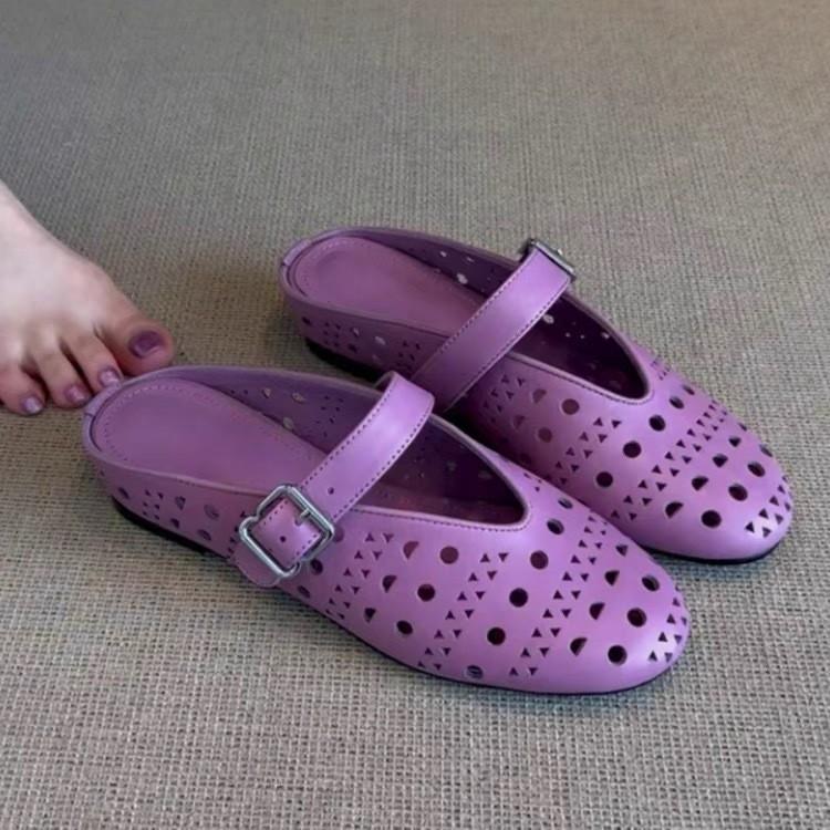 Sheepskin Version~ 2025 New Leather Hollow Bag Head Half Slippers Women's Summer Flat Bottom Mary Jane Hole Sandals Women's Shoes
