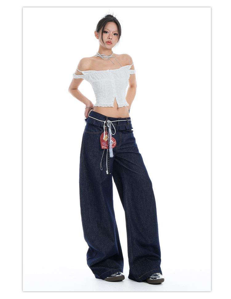 Women's Spliced Double Waistband Curved Leg Jeans - American Design, Loose Fit, Slimming, Wide Leg, for Spring & Autumn 2025