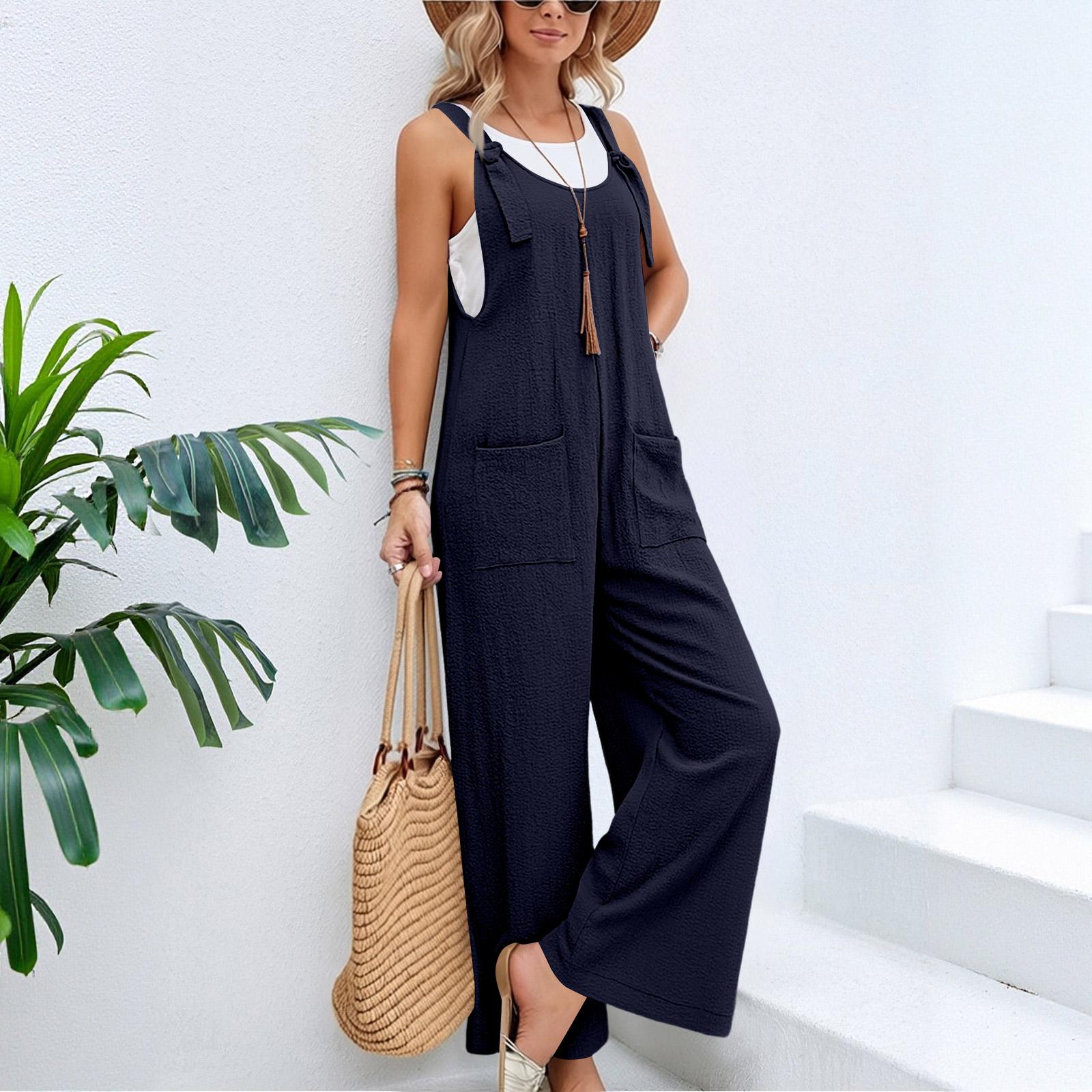 

Women’s Cotton Linen Sleeveless Wide Leg Jumpsuit Adjustable Strap Loose Fit Overalls with Front Pockets for Casual Wear XXL
