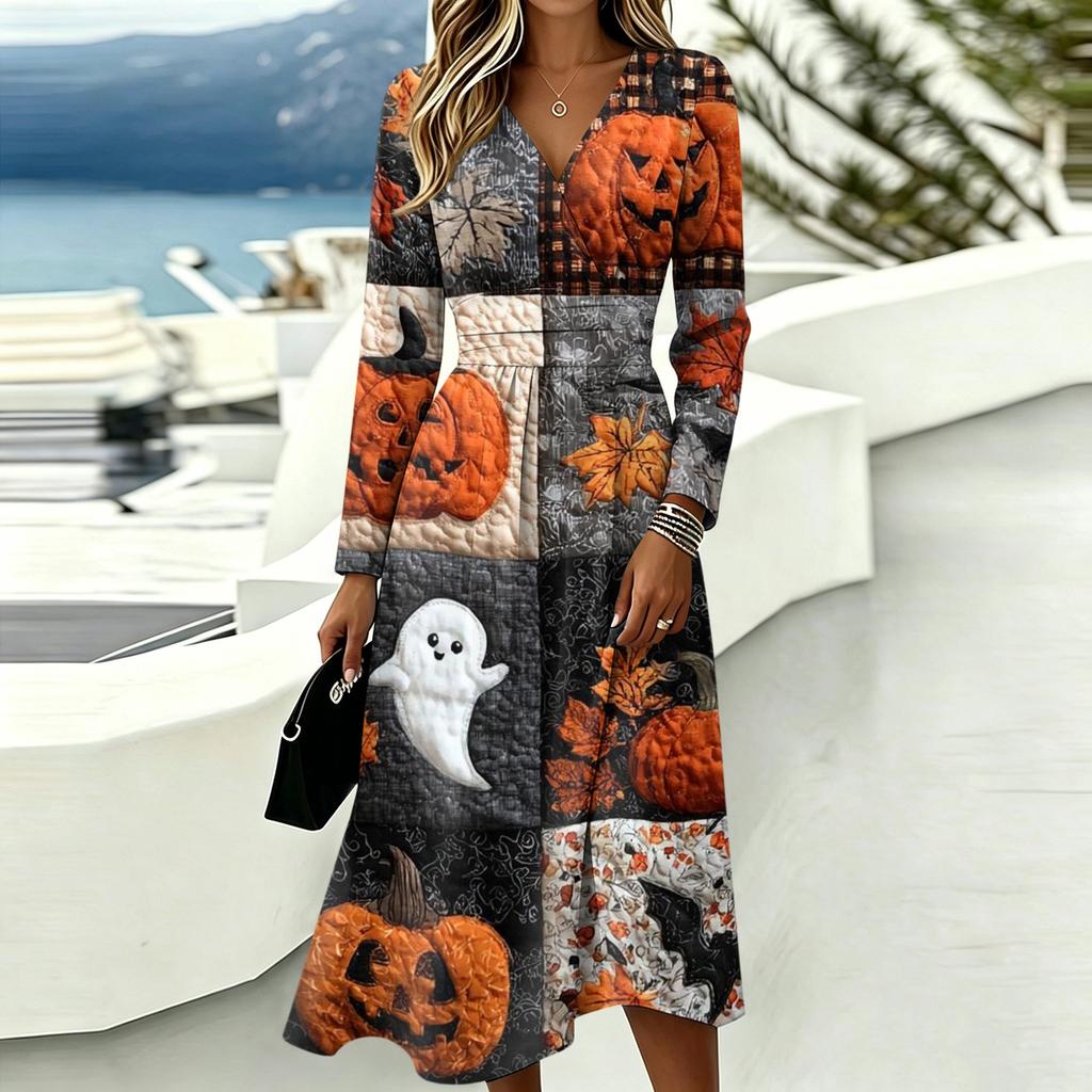 Rochie de Halloween pentru femei, cu imprimeu, decolteu în V, mânecă lungă și buzunare