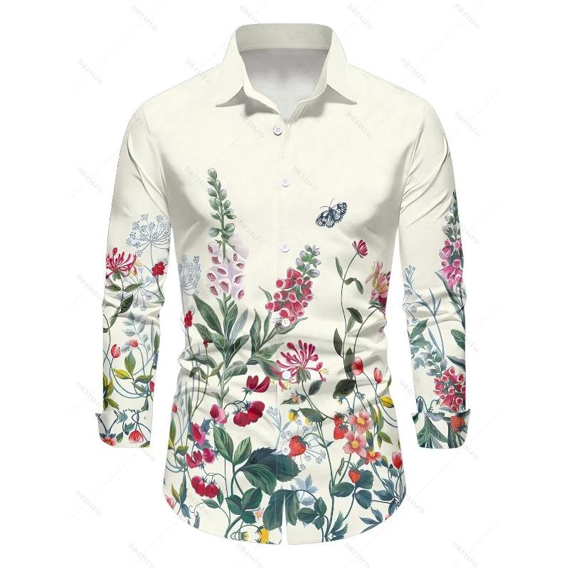 Camicia Hawaiana Camicia Stampata Rosso Rosa Moda Uomo Camicia a Manica Lunga Camicia Bianca Abbigliamento Uomo