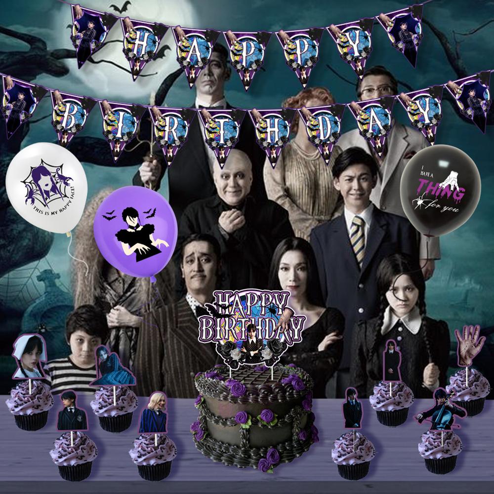 Rechizitele pentru petreceri de miercuri Addams includ banner, cupcake toppers, baloane