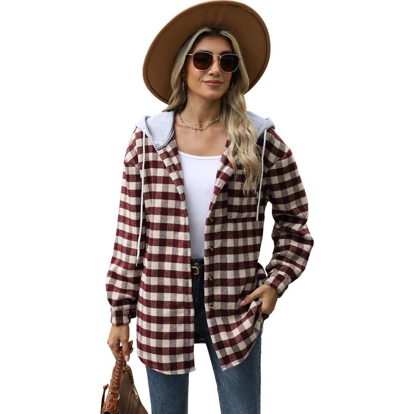 Women s Plaid Hooded Shirt Jacket L винный