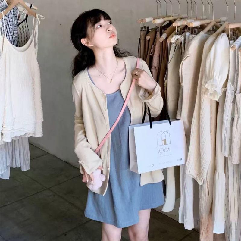 

2026 Spring/Summer Blue Linen Maternity Dress & Sun Protection Knit Cardigan Set 2XL