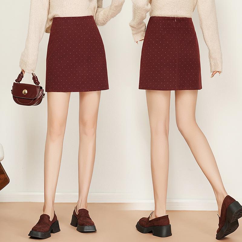 2025 Autumn/Winter High Waist Polka Dot Wool A-Line Skirt