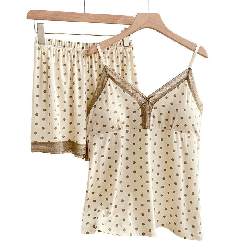 Girly Polka Dot Modal Camisole Pajama Set with V-Strap and Padding - Comfortable Summer Homewear