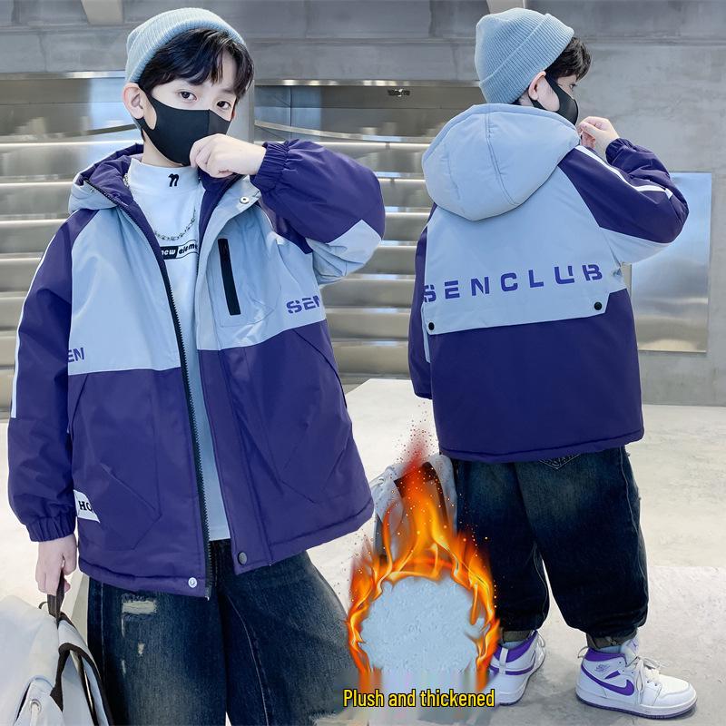 Boys' 2025 Winter Hooded Cotton Parka: New Style Fleece-Lined Coat for Autumn and Winter