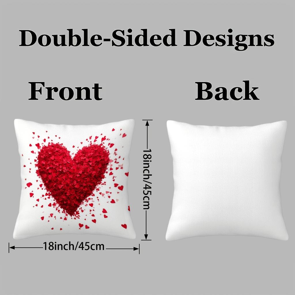 1pc Red Heart-Shaped Petal Pattern Plush Throw Pillow Cover | 2D Flat Printing, Single-Sided, 18x18 inch, Suitable for Sofa and Living Room Decor