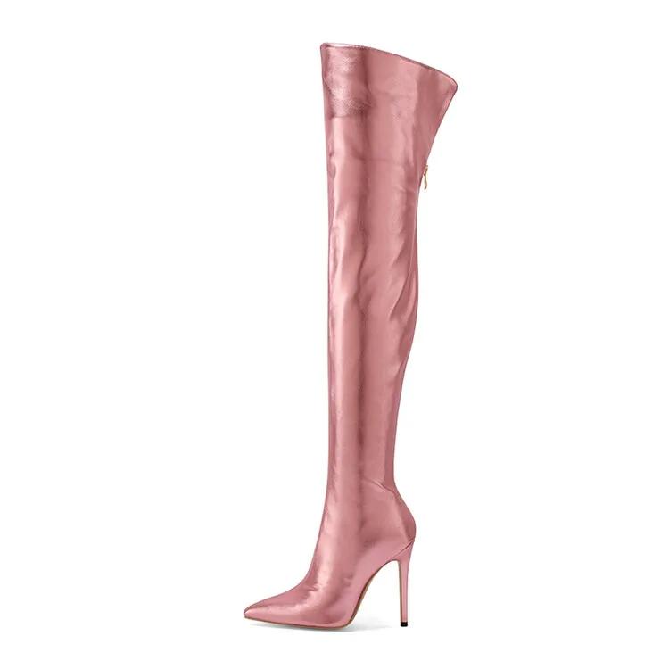Sexy Silver Gold Rear Zipper Over Knee Boots Women's Pointed High Heels European and American Fashion Long Boots Big Size