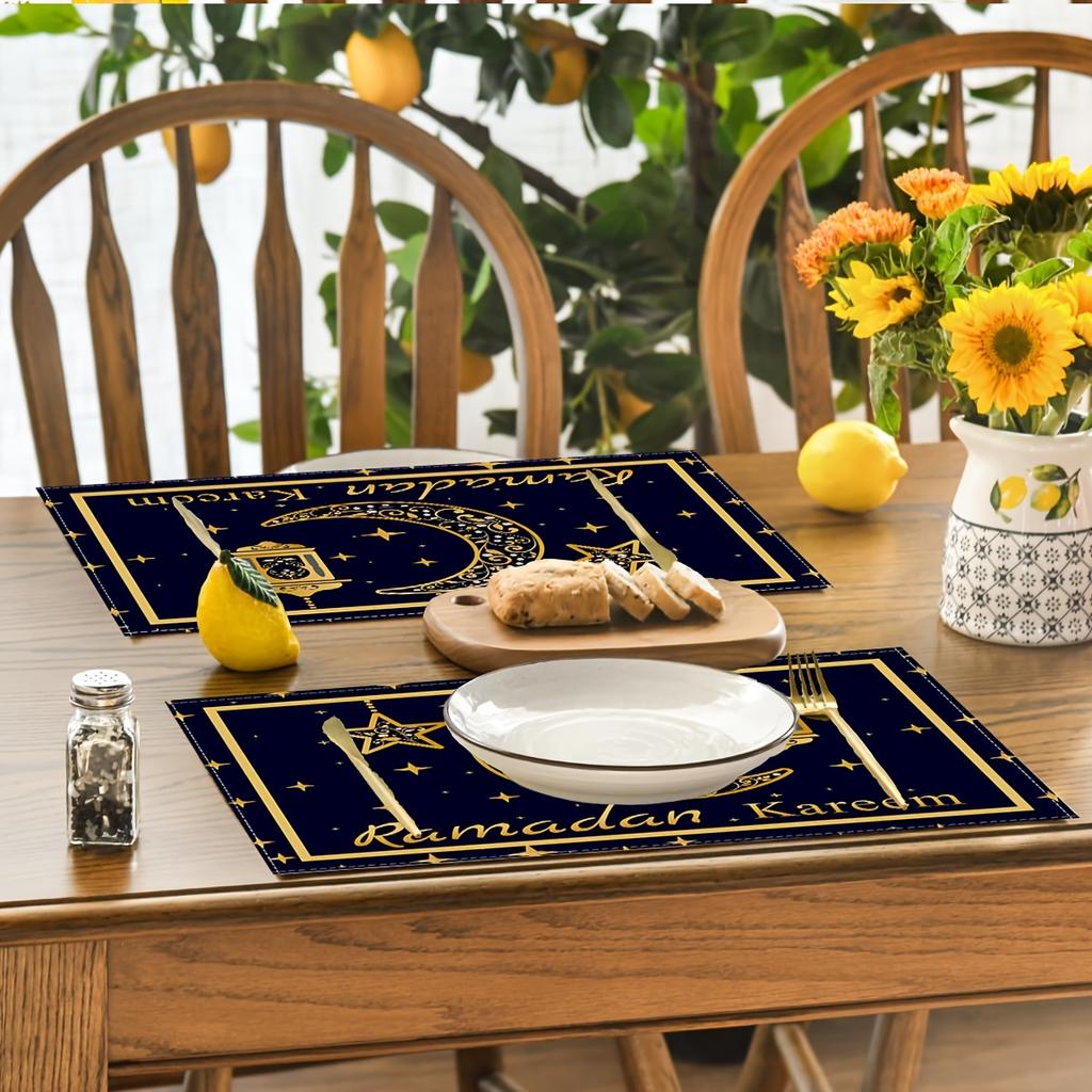4/6pcs Black Golden Moon And Stars Lantern Placemats for Eid Mubarak Blessing, Seasonal Everyday Holiday Decor for Home Kitchen Restaurant Party