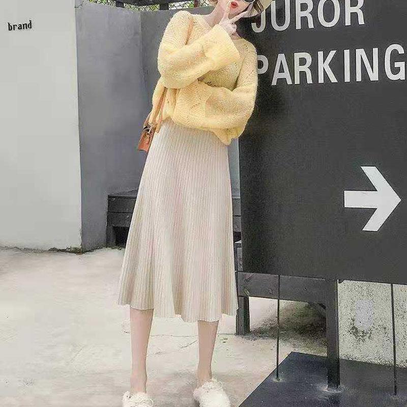 Autumn Winter Knitting Solid Color Pleated Skirt Female High Waist All-match Mid-length A-line Skirt