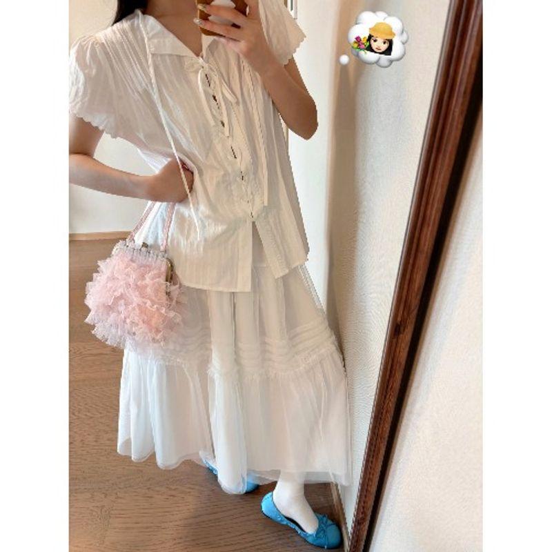 

Kumikumi Sweet Style French style Lace Short sleeve Shirts Women clothes Summer Lace-up Design Sense Age-Reducing Slimming Top Tape Tops L