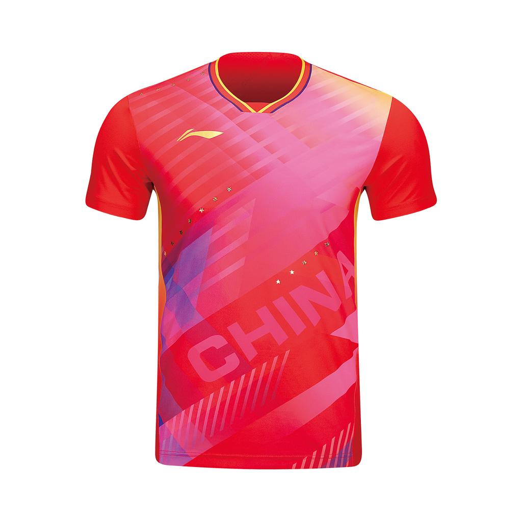 Li Ning Table Tennis Series Logo Print Short Sleeve T-Shirt Unisex Tops Cherry-Blossom-Red AAYU037-3