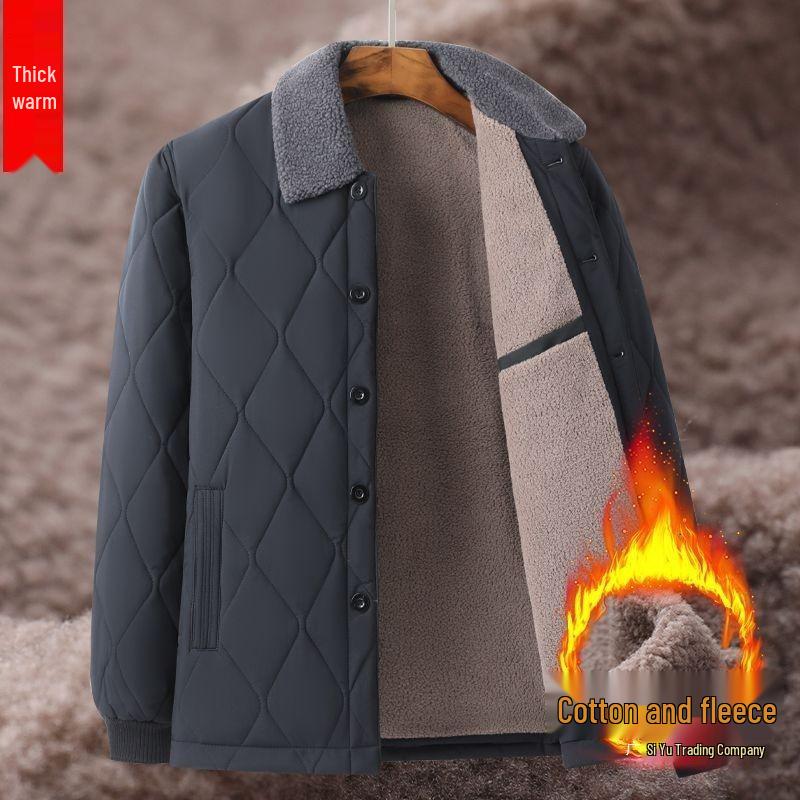 Men's Fleece-Lined Lambswool Coat - Warm, Loose-Fit Winter Jacket for Middle-Aged & Elderly