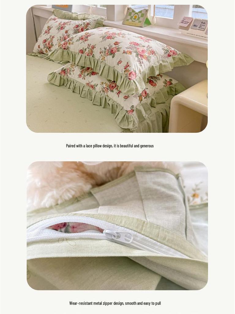 Fairy-Style Cotton Ruffled Bed Skirt & Pastoral Duvet Cover Set