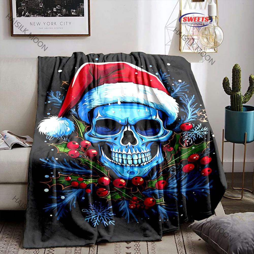 Spooky Skull Christmas Print Blanket Warm Soft and Comfortable Home Travel Blanket Sofa Bedding Cover Blankets Gift for Friends