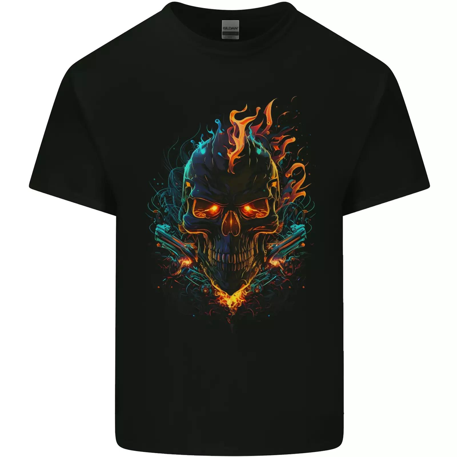 

A Neon Skull With Flames Fantasy Demon Kids T-Shirt Childrens 4XL