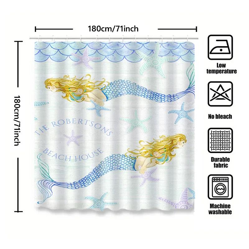 "Mermaid Beach House Shower Curtain, Waterproof & Mildew-Resistant Bath Curtain with Ocean Theme for Coastal Home Decor"