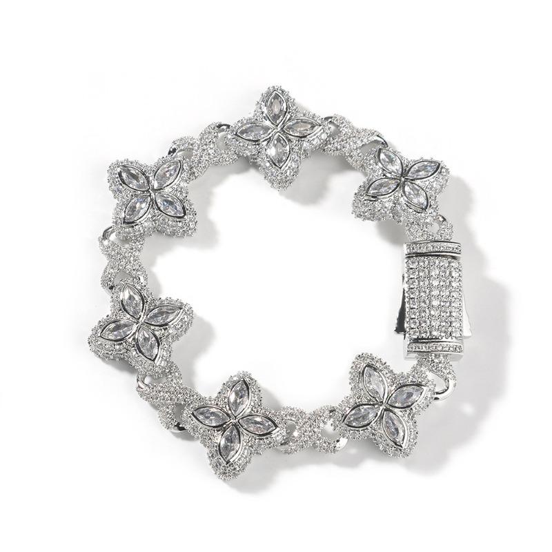 Hip-hop Rap Chain, Unlimited Four-leaf Clover Bracelet, Fashionable Cool Ruffian Handsome Premium 5A Zircon Color Necklace.