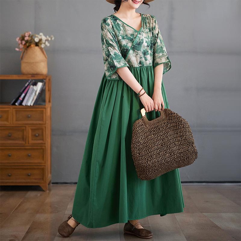 

Dimanaf 2025 Женское Летнее Платье Больших Размеров Повседневное Винтажное Плиссированное Платье Свободное Длинное Принтованное Макси Базовое One Size зелёный