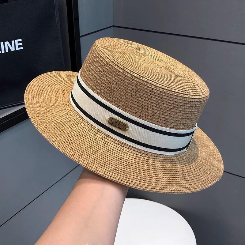 

Summer flat top straw hat women s celebrity style top hat seaside beach sunshade sunscreen hat British retro sun hat Adjustable хакі