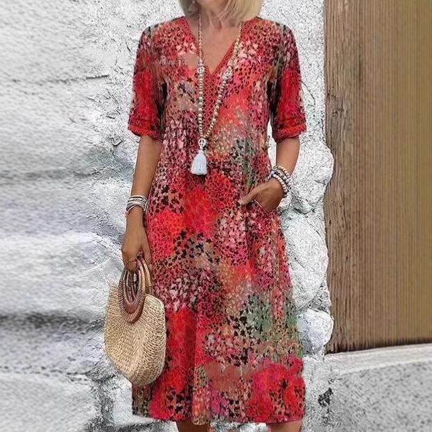 2025 European & American Fashion V-Neck Lace Print Short Sleeve Dress