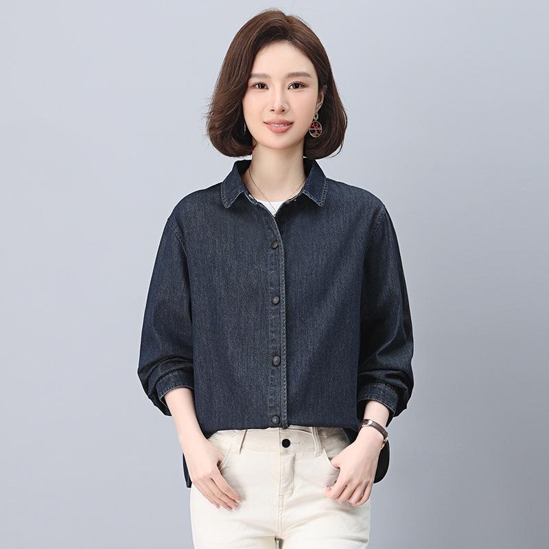 Women's Autumn Denim Shirt Jacket - Petite Casual Long-Sleeve Top