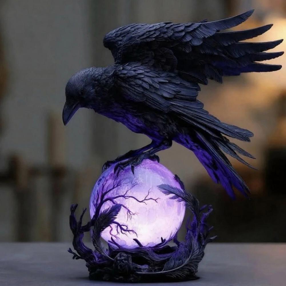 Gothic Raven LED Lamp Hand-Crafted Sculpture on Purple Glow Sphere Mysterious Decor for Desk Night Light