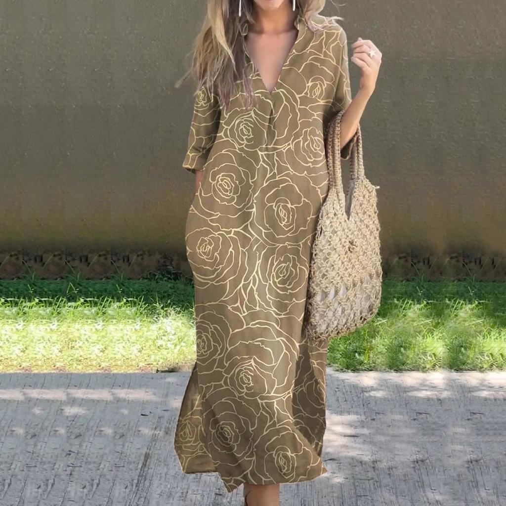 Women's Casual Summer Loose Skirt Slit V-Neck Printed Dress