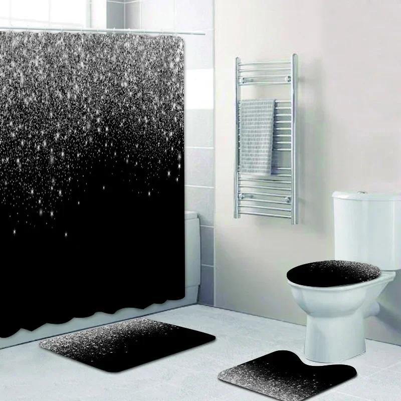 Pandara Jewelry Black/Silver/Grey Stylish Falling Glitter Confetti Dust Explosion Bathroom Curtains Shower Curtain Set Sparkling Bath Rugs Decor