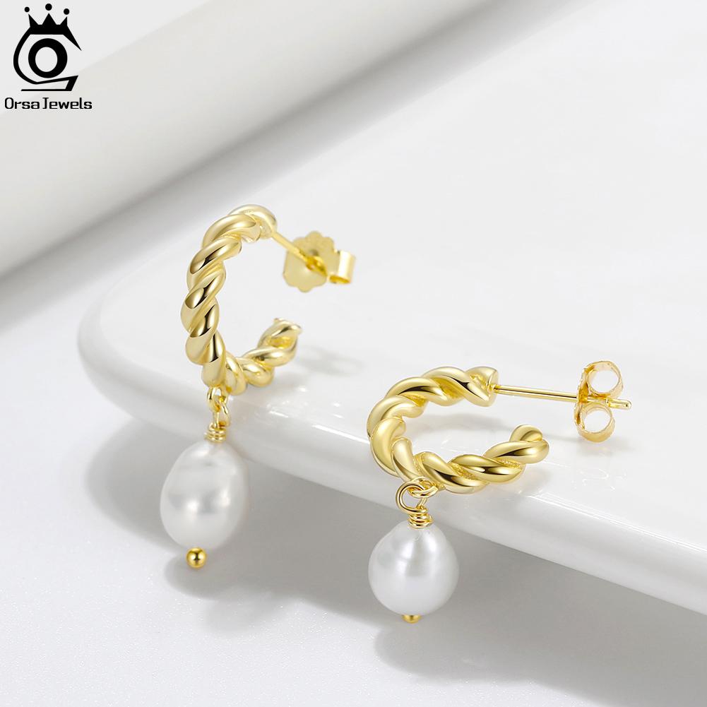 ORSA JEWELS New Real 925  Silver Freshwater Pearl Drop Earrings Classic Charm Dangle Ear For Women Fine Jewelry Gift