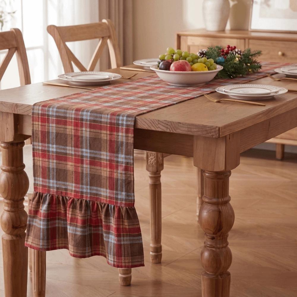 Double Ended Lotus Leaf Edge Christmas Table Runner Washable Rustic Style Ruffle Edge Table Flag Vintage Checkered