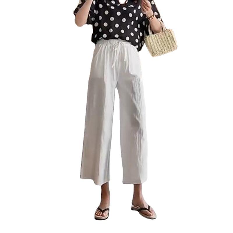 Široké kalhoty pro dámské léto Bavlněné lněné kalhoty Pevný elastický pas Prodyšný Volný střih Kalhoty velké velikosti