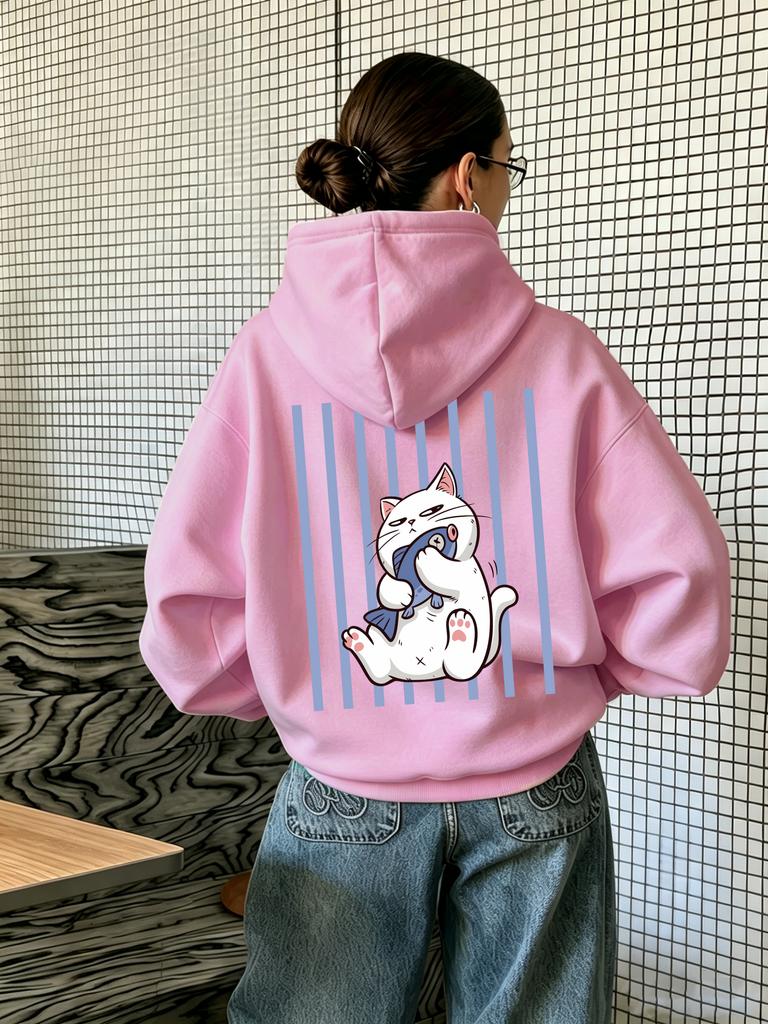 Women's hooded sweatshirt, featuring cat and fish patterns, with a casual style, suitable for running, Y2K trend