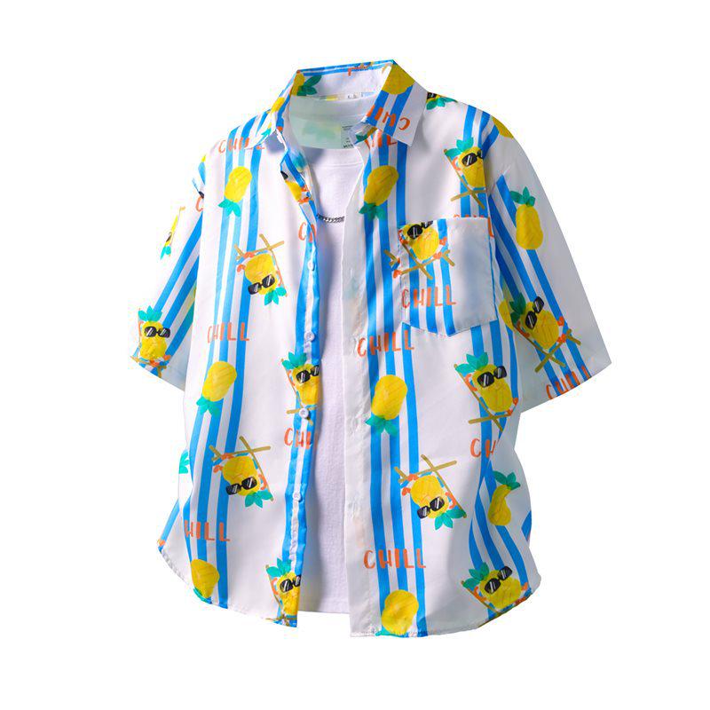 

Men s Casual Pineapple Print Shirt with Blue Stripes on White Background - Short Sleeve Vacation Wear XL