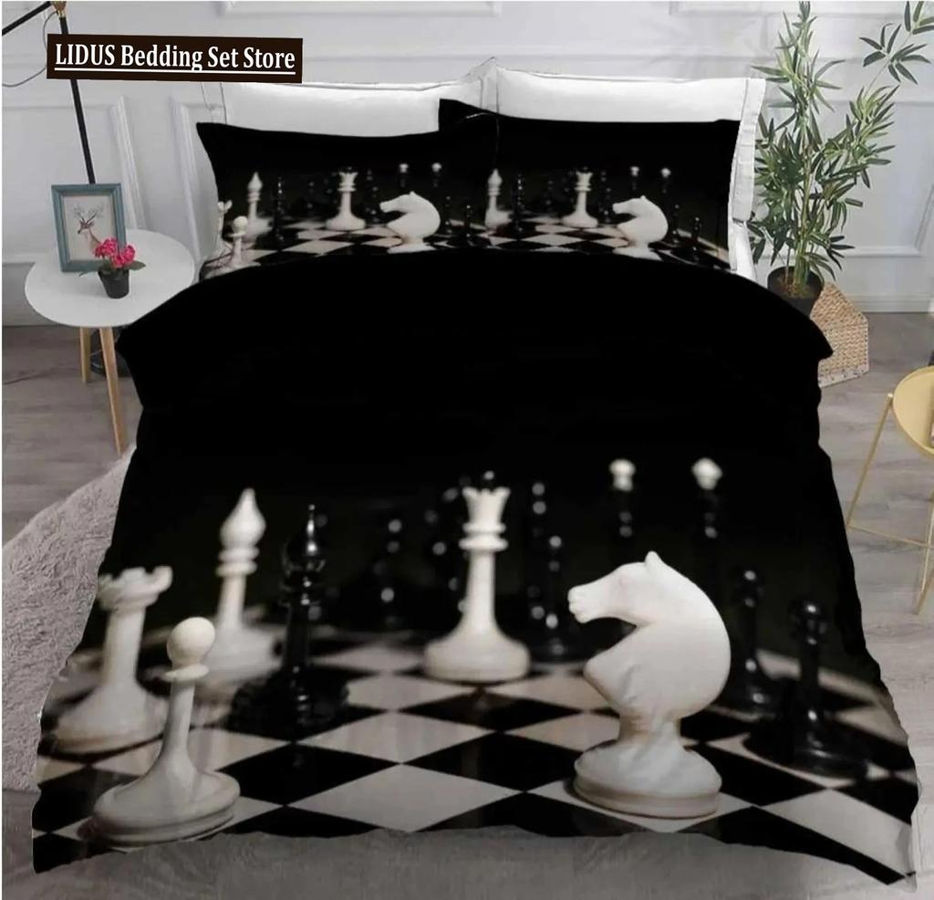 Internationell Schack Påslakanset Svart Vitt Rutigt Schackbräde Täcke Örngott Tävlingsspel För Pojkar Tonåringar Sängklädesset