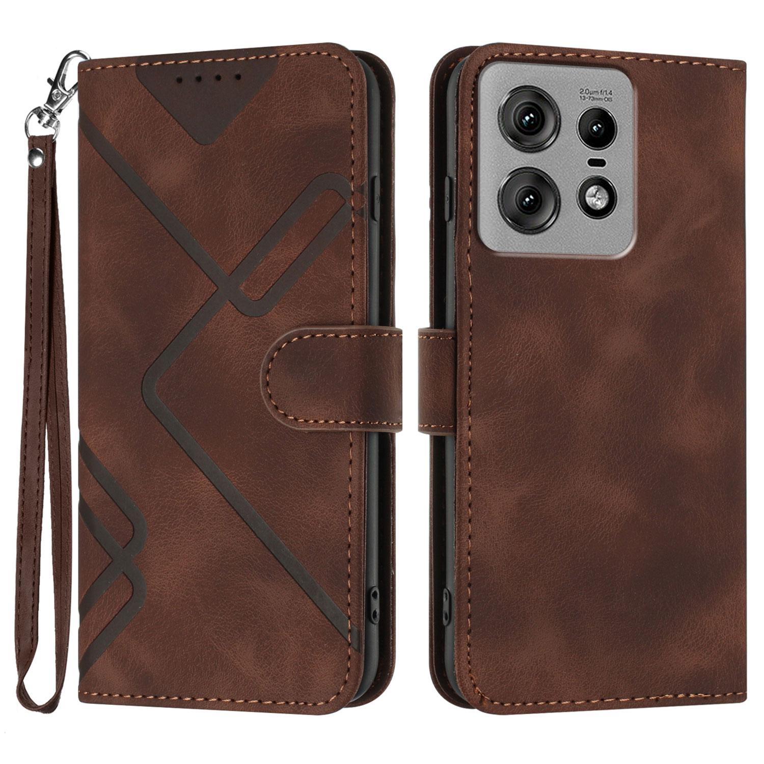 

For Motorola Edge 50s Pro 5G Wallet Case Line Imprinted PU Leather Phone Cover with Strap Brown