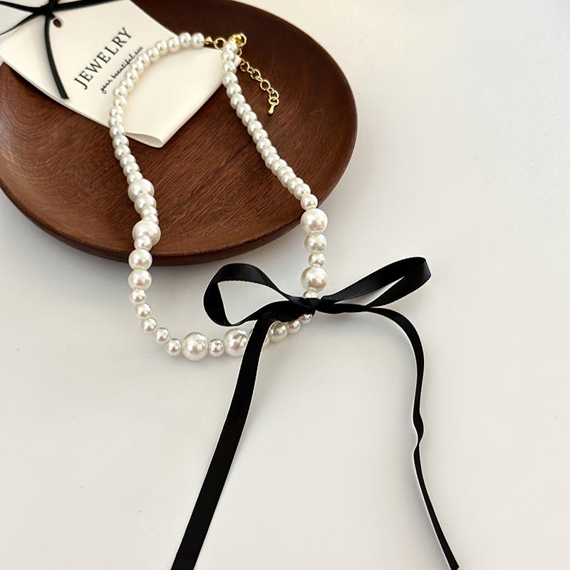 Black Ribbon Bow Pearl Necklace Women's Fashion Summer Light Luxury Niche Collarbone Chain Neck Chain Collar Accessories