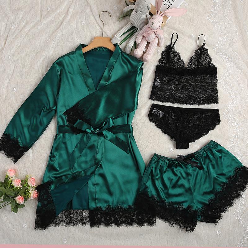 Plus Size Women's 4-Piece Lace Pajama Set: Robe, Shorts, and Camisole In European & American Style