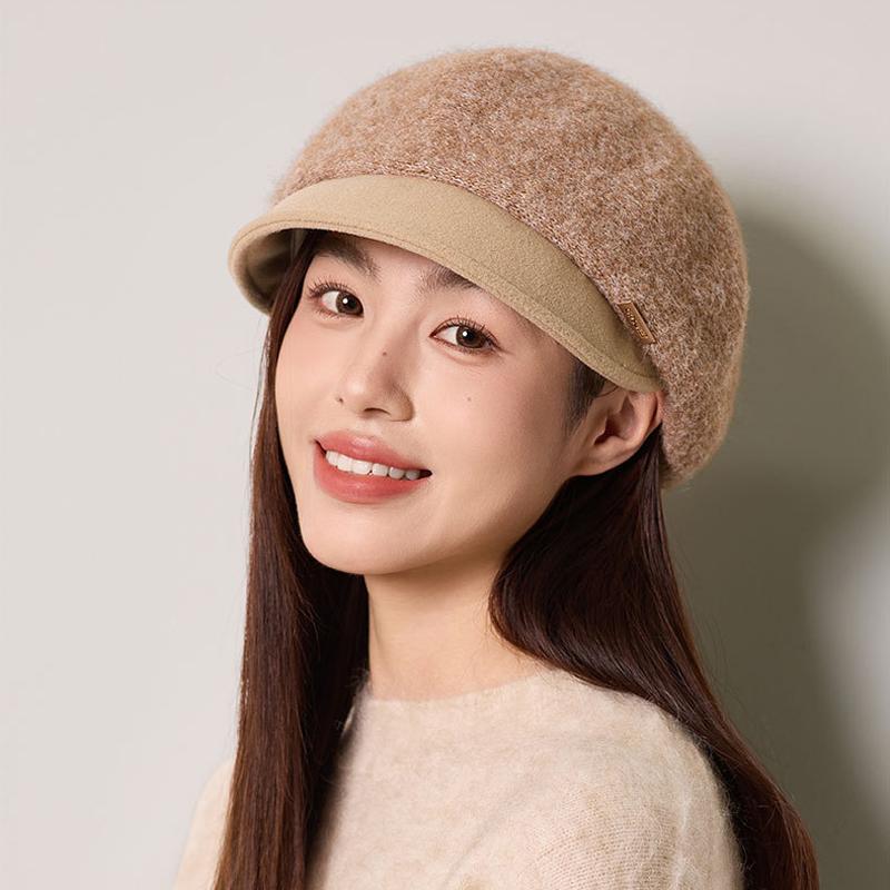 Women's Thick Wool Knitted Beret Autumn Winter Solid Color Stitching Cap