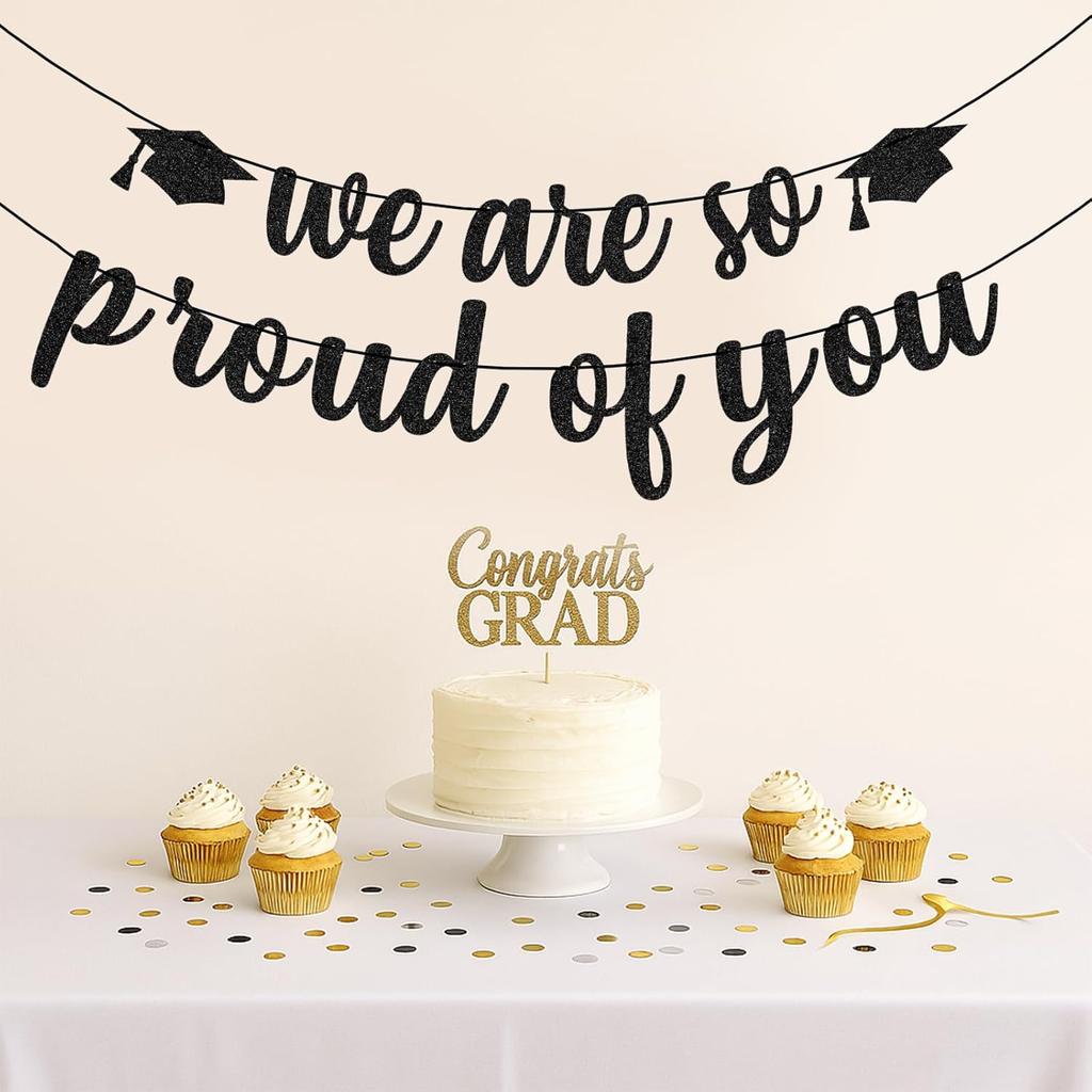 We Are So Proud of You Banner – Black Glitter Graduation Decorations 2025, Pre-Strung Congrats Grad Banner for College, High School, Senior Party,